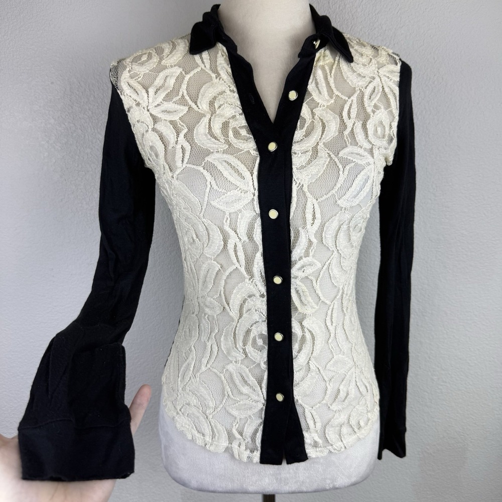 Y2K Wet Seal Semi Lace Long Sleeve Button Down Top Collared Blk/White Trendy XS - Picture 2 of 5